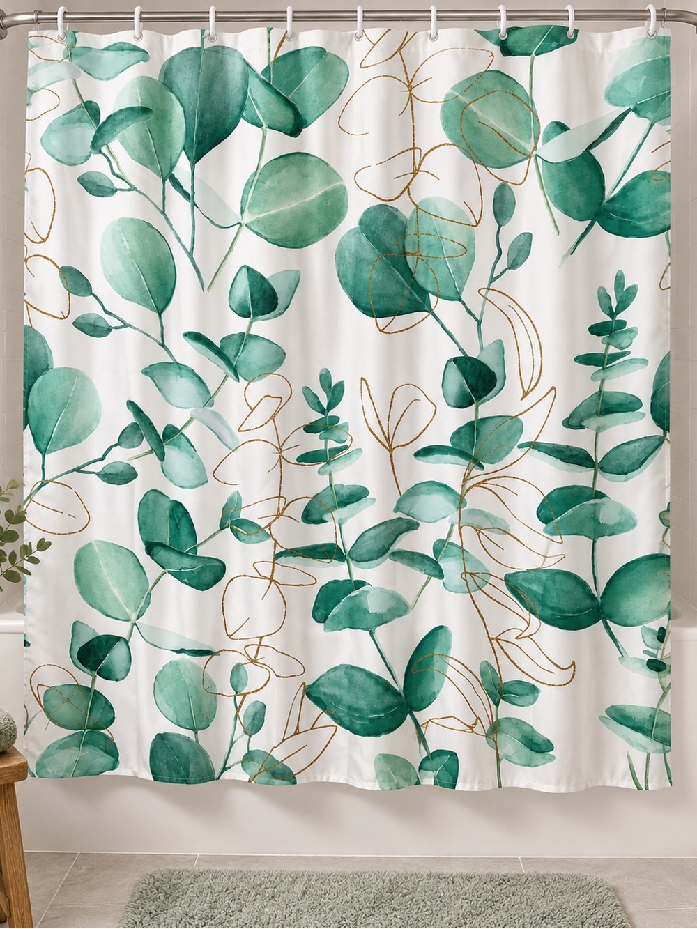 New in package Eucalyptus Botanical Shower Curtain w/ White Hooks Green Gold
